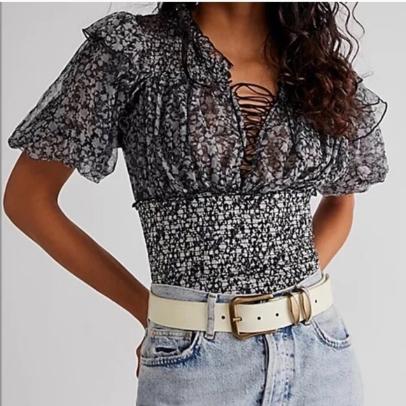 Free People Tops - Free People Beatrice Lace-Up Top Printed Sheer Smocked Black Floral Size Medium